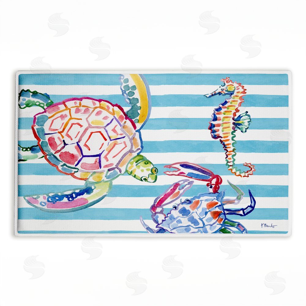 Paul Brent Brushstroke Sea Life on Stripes Plush Bathroom Floor Mat