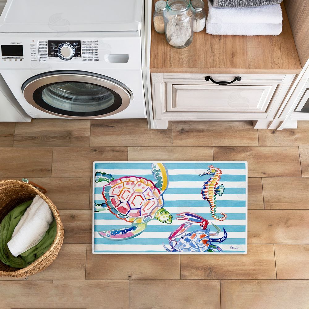 Paul Brent Brushstroke Sea Life on Stripes Plush Bathroom Floor Mat