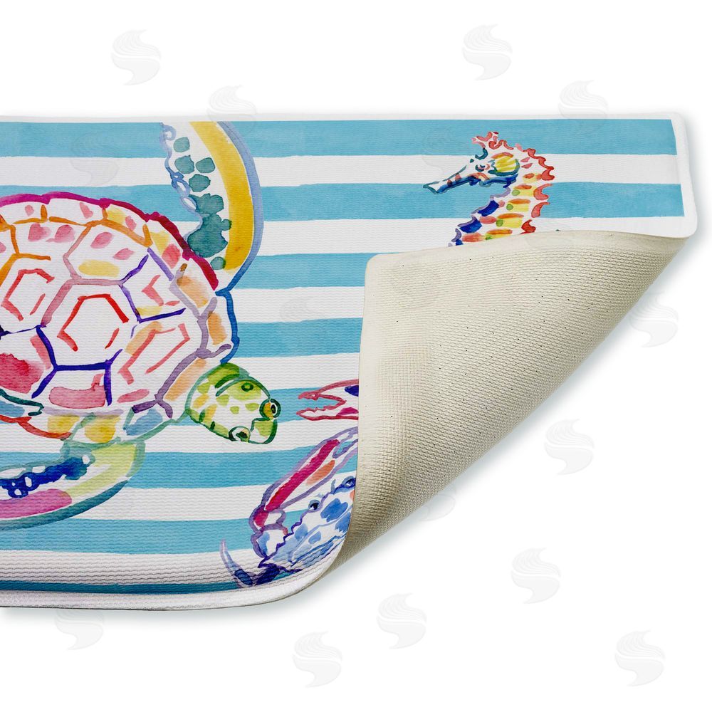 Paul Brent Brushstroke Sea Life on Stripes Plush Bathroom Floor Mat