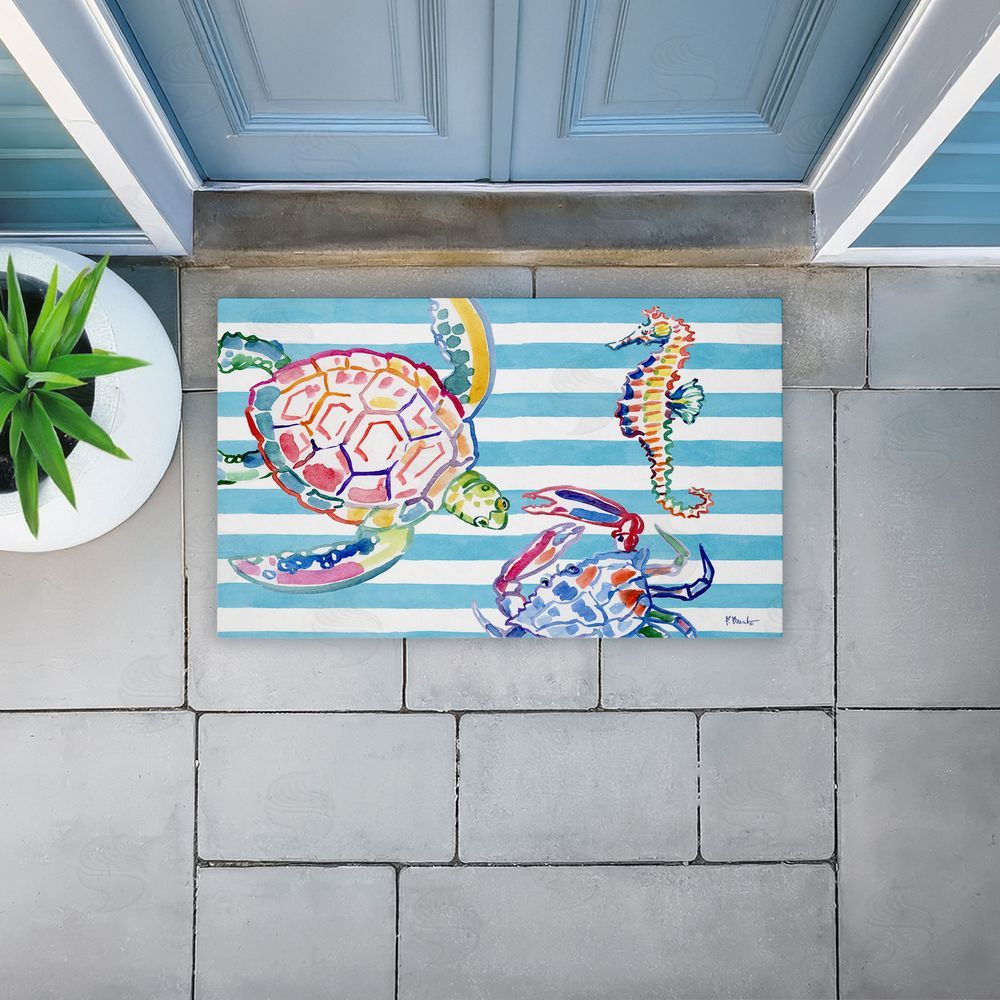 Paul Brent Brushstroke Sea Life on Stripes Unwoven Outdoor Door Mat