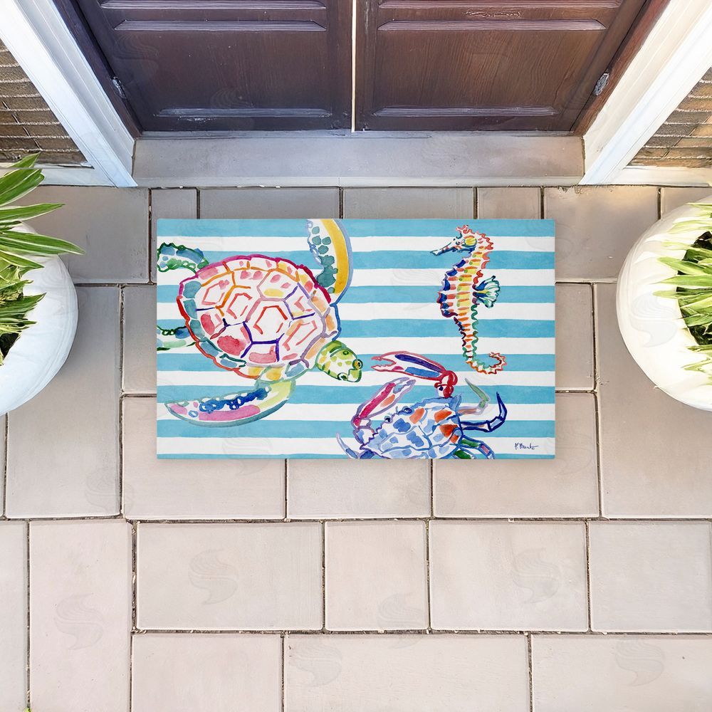Paul Brent Brushstroke Sea Life on Stripes Unwoven Outdoor Door Mat