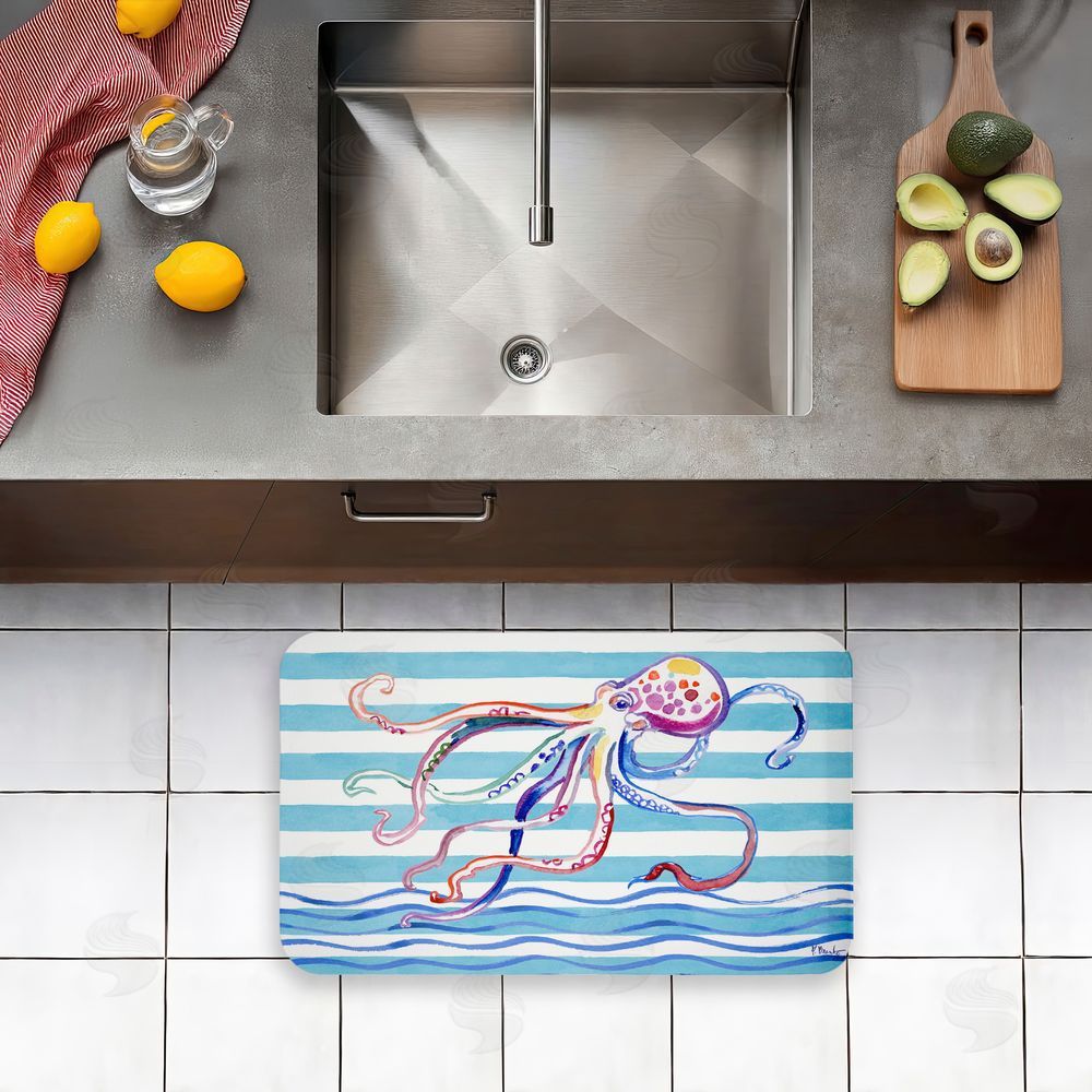 Paul Brent Brushstroke Octopus on Stripes Kitchen Floor Mat