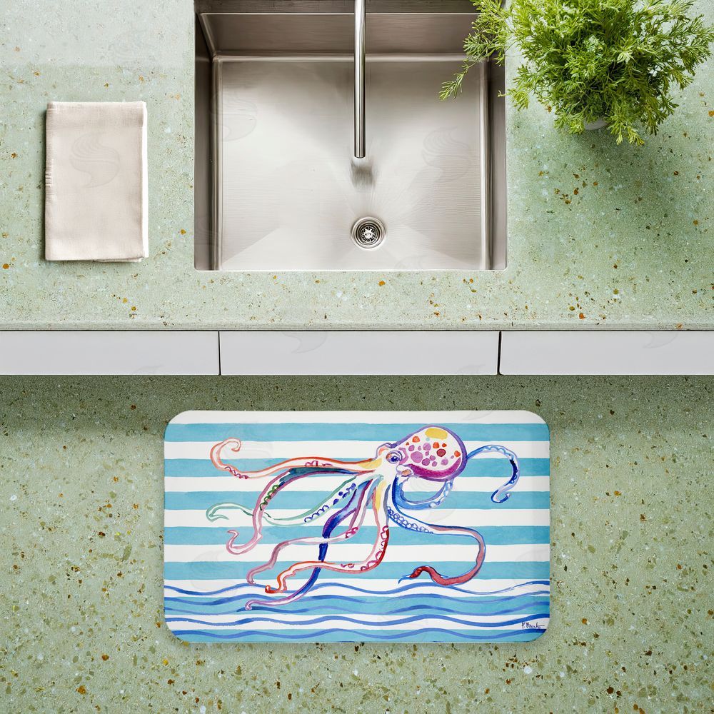 Paul Brent Brushstroke Octopus on Stripes Kitchen Floor Mat