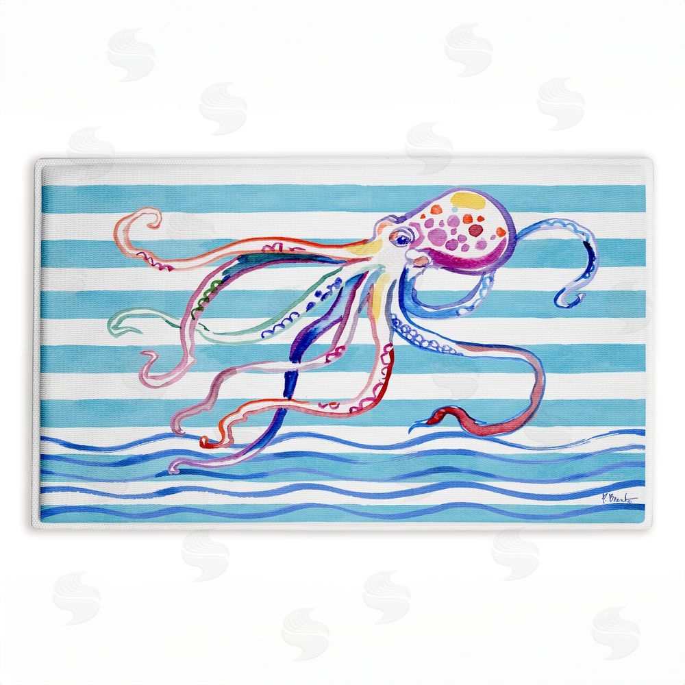Paul Brent Brushstroke Octopus on Stripes Plush Bathroom Floor Mat