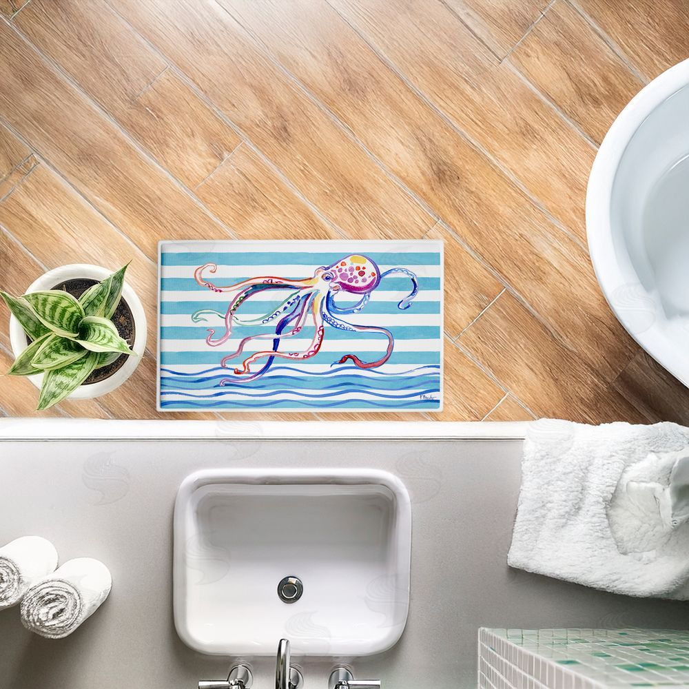Paul Brent Brushstroke Octopus on Stripes Plush Bathroom Floor Mat