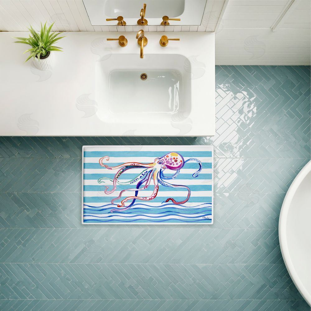 Paul Brent Brushstroke Octopus on Stripes Plush Bathroom Floor Mat