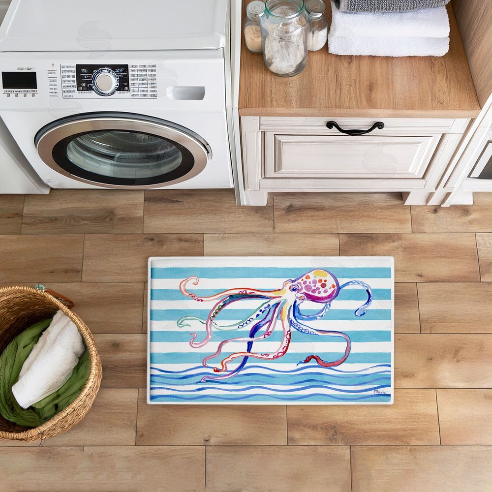 Paul Brent Brushstroke Octopus on Stripes Plush Bathroom Floor Mat