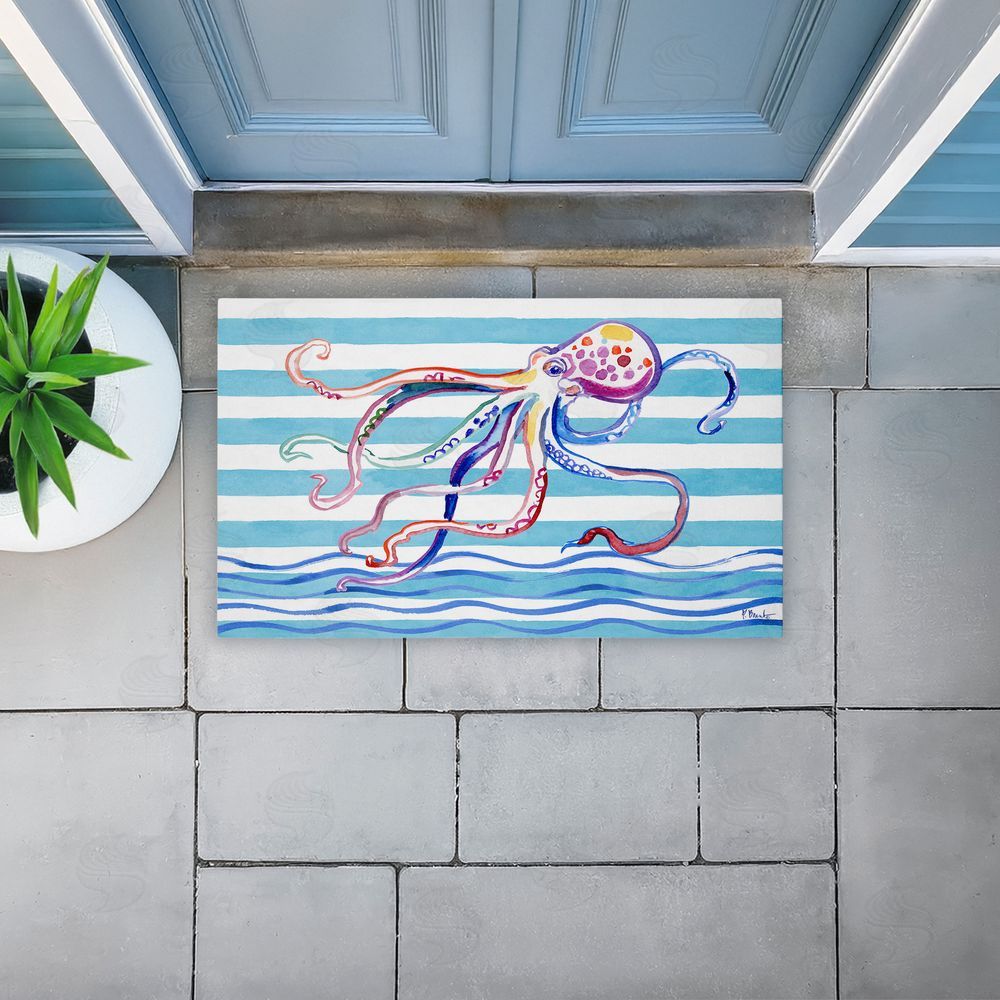 Paul Brent Brushstroke Octopus on Stripes Unwoven Outdoor Door Mat