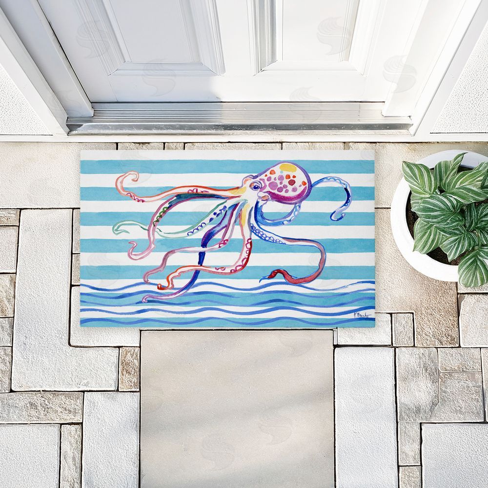 Paul Brent Brushstroke Octopus on Stripes Unwoven Outdoor Door Mat