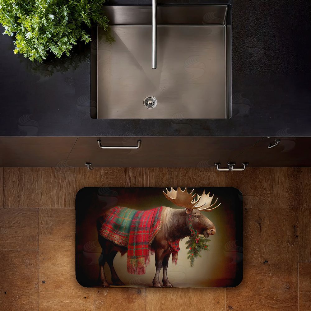 Sasha Festive Moose with Plaid & Fir Kitchen Floor Mat
