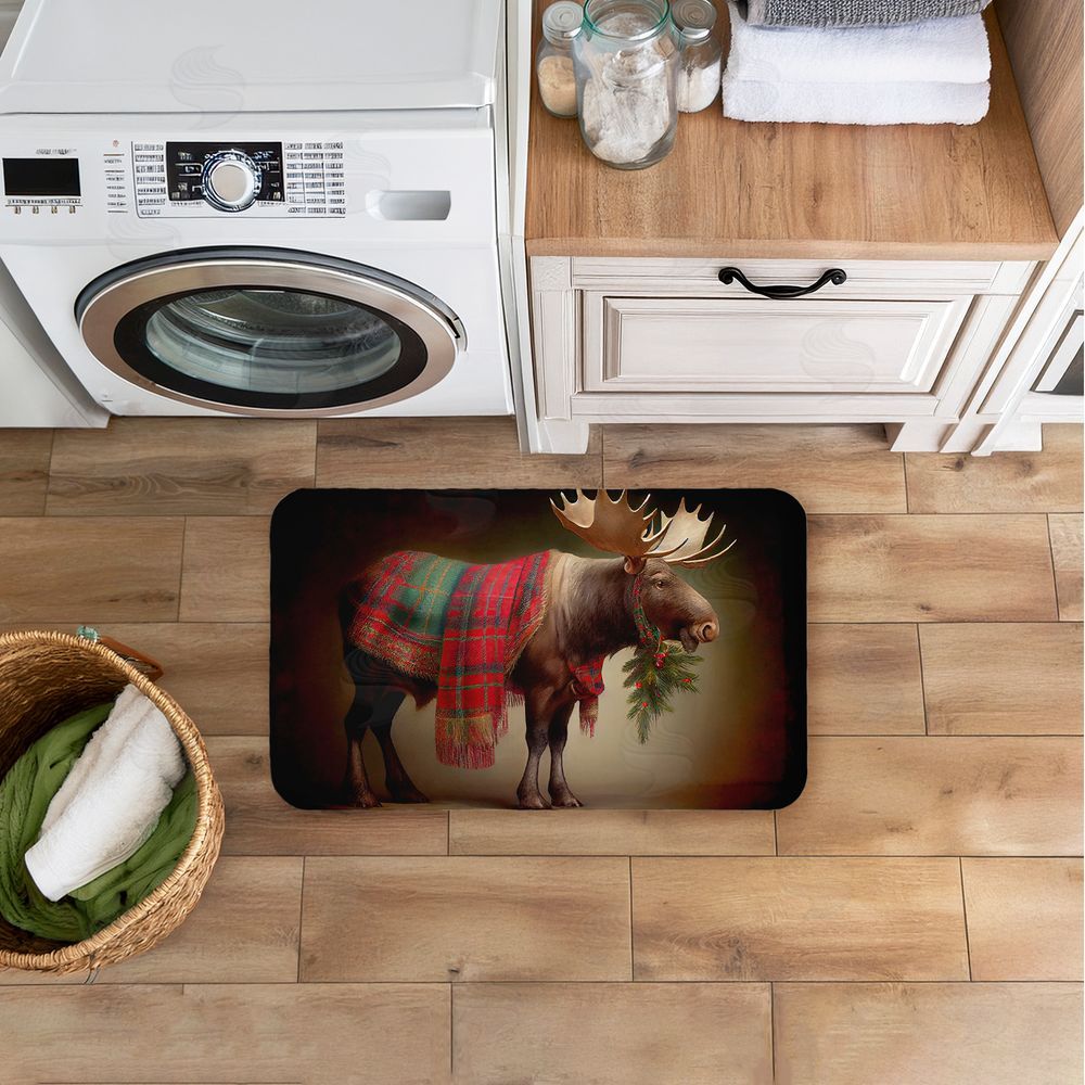 Sasha Festive Moose with Plaid & Fir Kitchen Floor Mat
