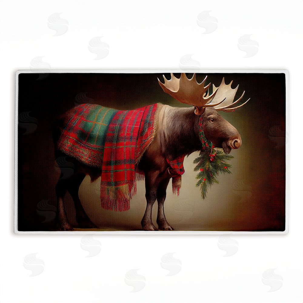 Sasha Festive Moose with Plaid & Fir Plush Bathroom Floor Mat