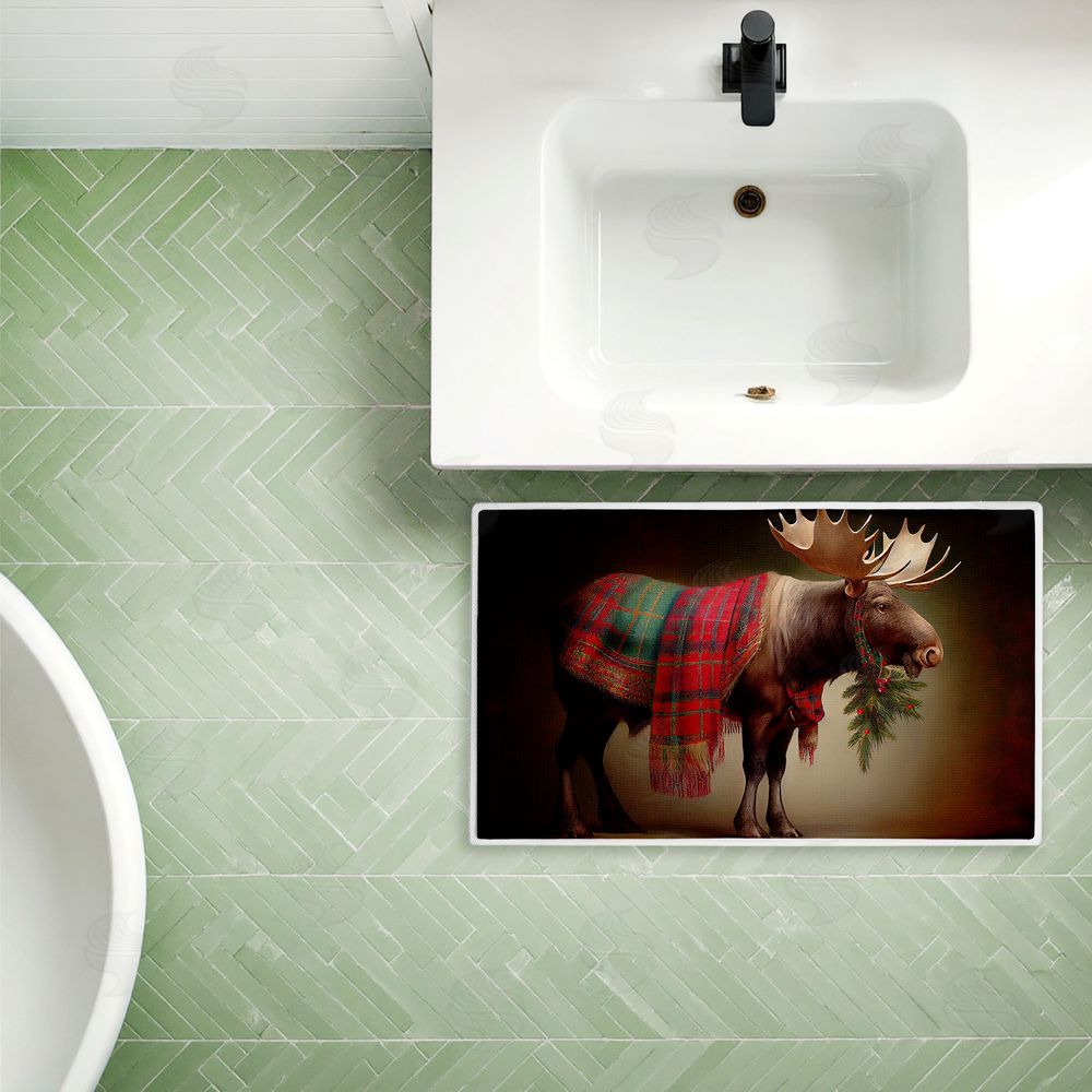 Sasha Festive Moose with Plaid & Fir Plush Bathroom Floor Mat