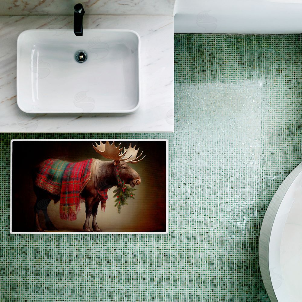 Sasha Festive Moose with Plaid & Fir Plush Bathroom Floor Mat