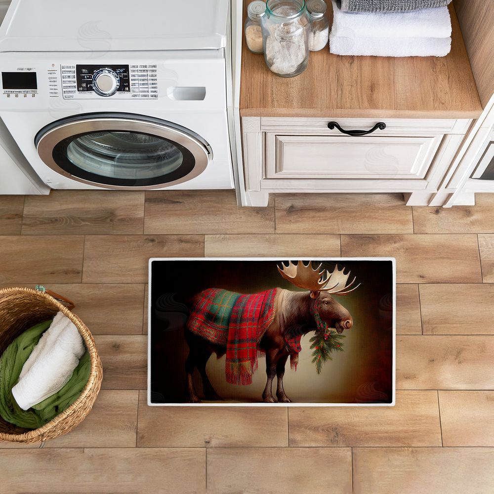 Sasha Festive Moose with Plaid & Fir Plush Bathroom Floor Mat