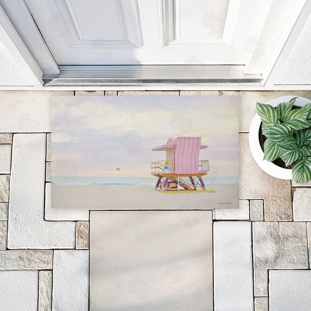 Seven Trees Design Pink Serene Beach Hut Unwoven Outdoor Door Mat