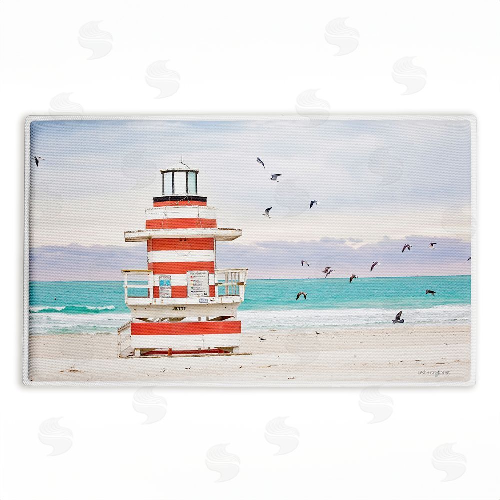Seven Trees Design Birds Surrounding Beach Hut Plush Bathroom Floor Mat