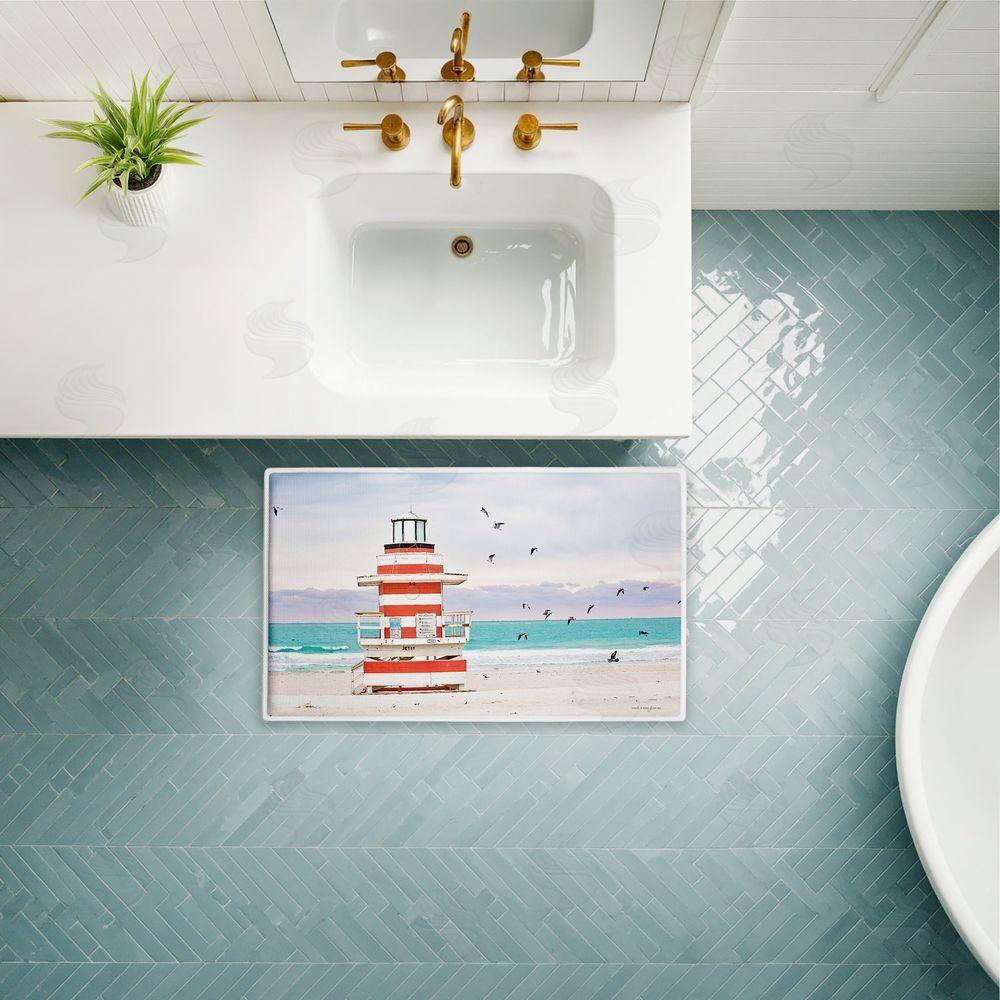 Seven Trees Design Birds Surrounding Beach Hut Plush Bathroom Floor Mat
