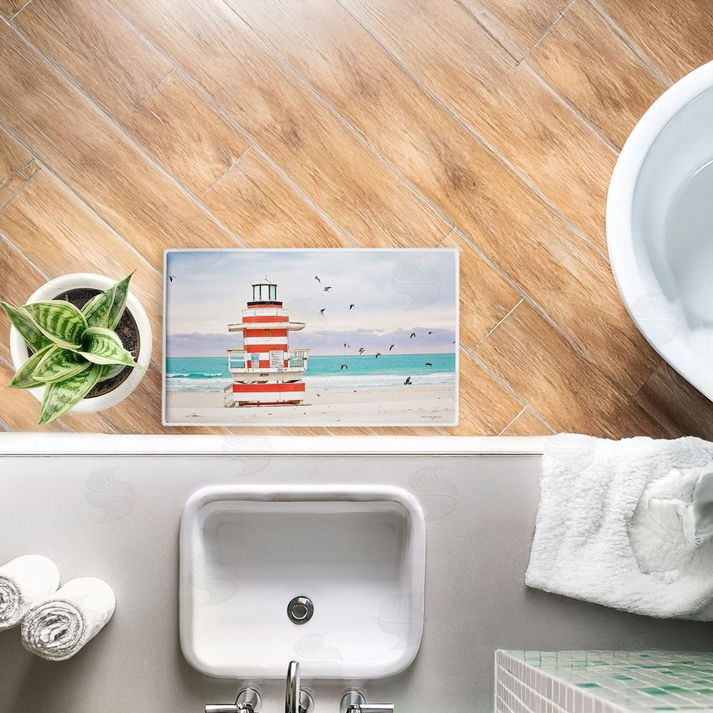 Seven Trees Design Birds Surrounding Beach Hut Plush Bathroom Floor Mat