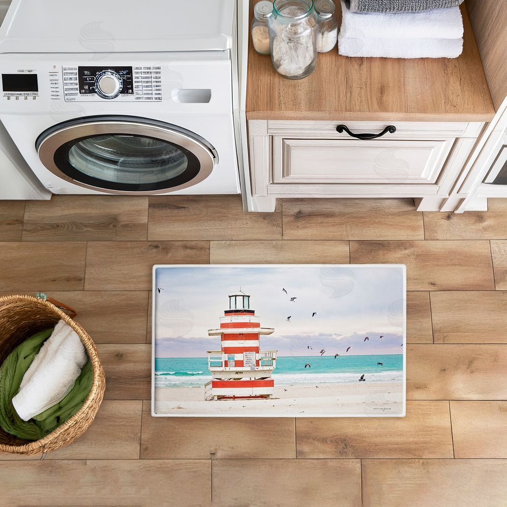 Seven Trees Design Birds Surrounding Beach Hut Plush Bathroom Floor Mat
