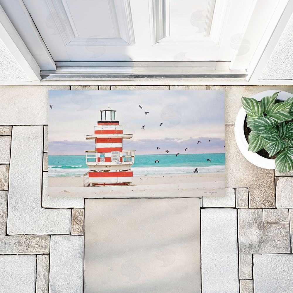 Seven Trees Design Birds Surrounding Beach Hut Unwoven Outdoor Door Mat
