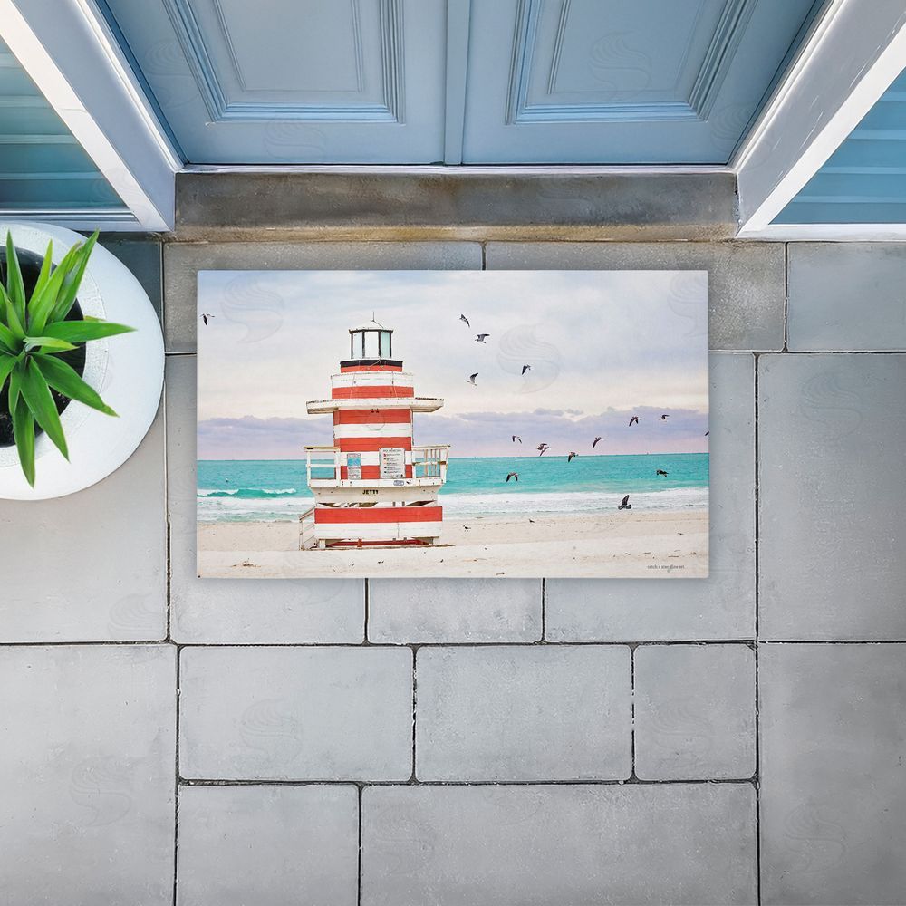 Seven Trees Design Birds Surrounding Beach Hut Unwoven Outdoor Door Mat