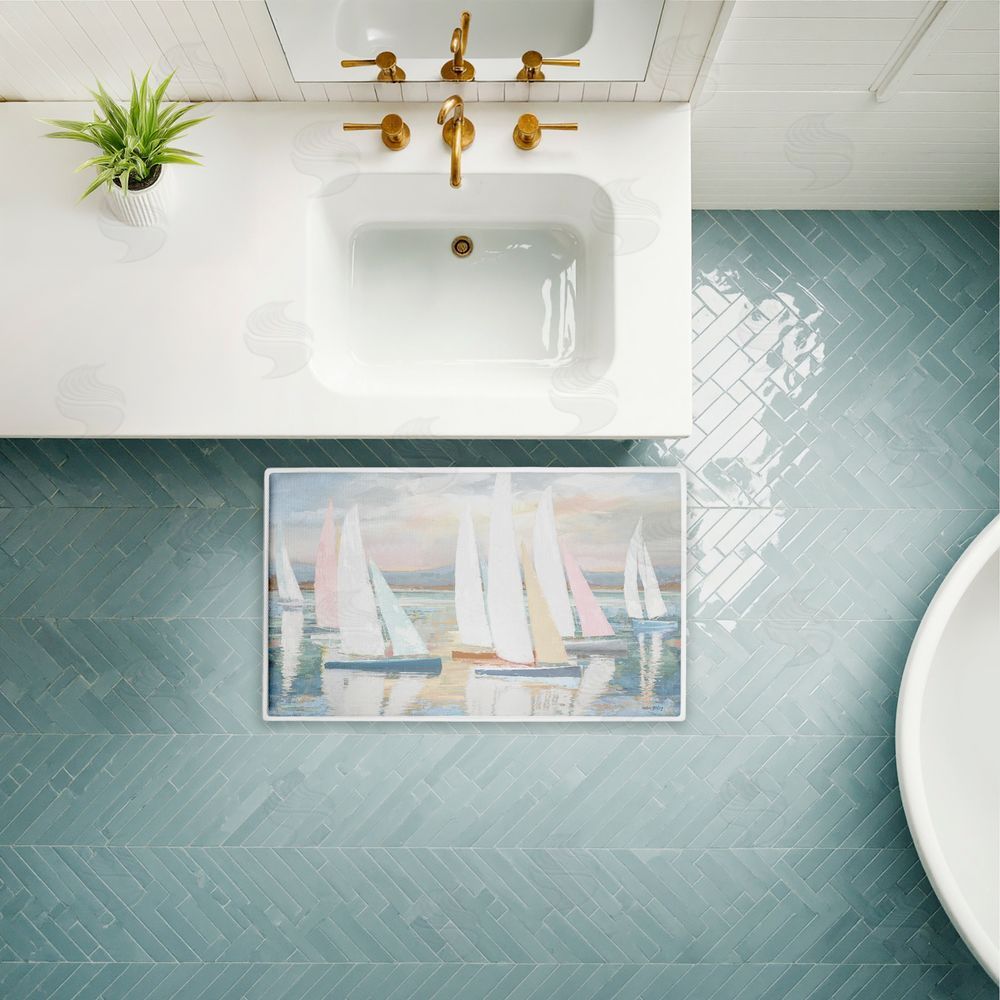 Amber Sterling Pastel Calm Sailboats Plush Bathroom Floor Mat