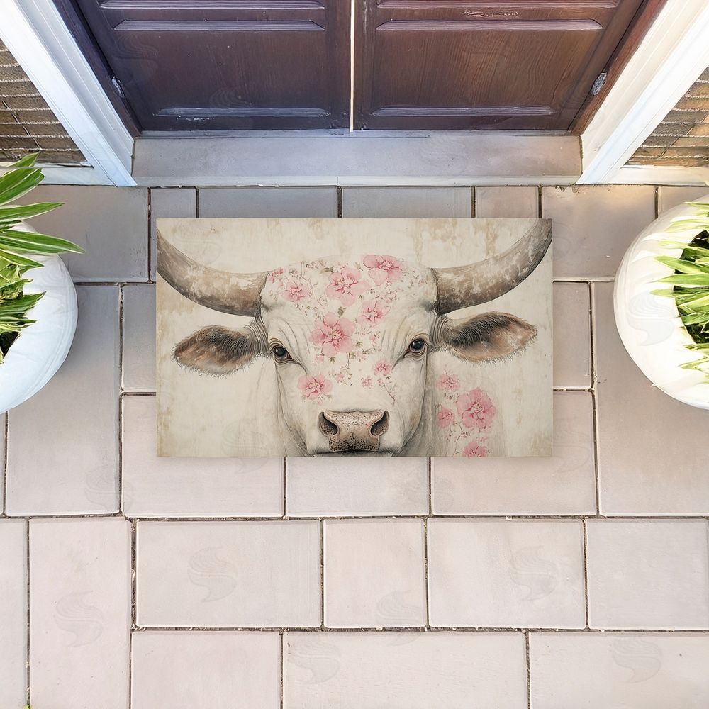 Heidi Kuntz Floral Kissed Cow Unwoven Outdoor Door Mat