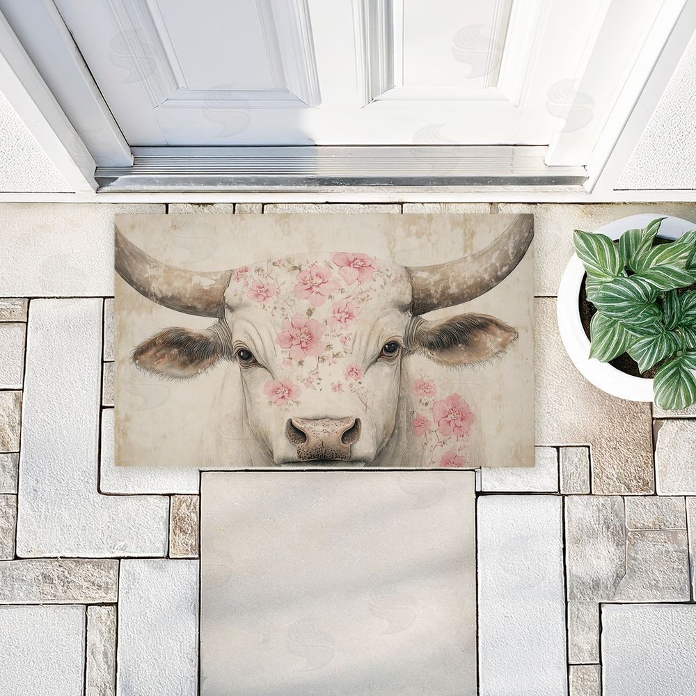Heidi Kuntz Floral Kissed Cow Unwoven Outdoor Door Mat