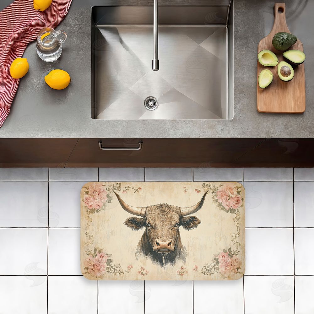 Heidi Kuntz Cattle with Floral Border Kitchen Floor Mat