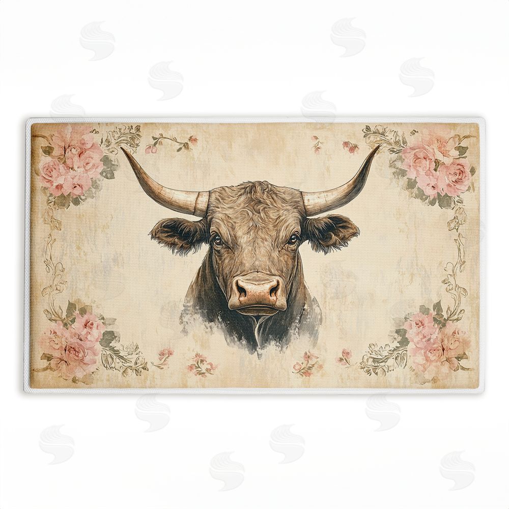 Heidi Kuntz Cattle with Floral Border Plush Bathroom Floor Mat