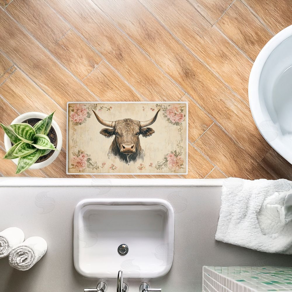 Heidi Kuntz Cattle with Floral Border Plush Bathroom Floor Mat
