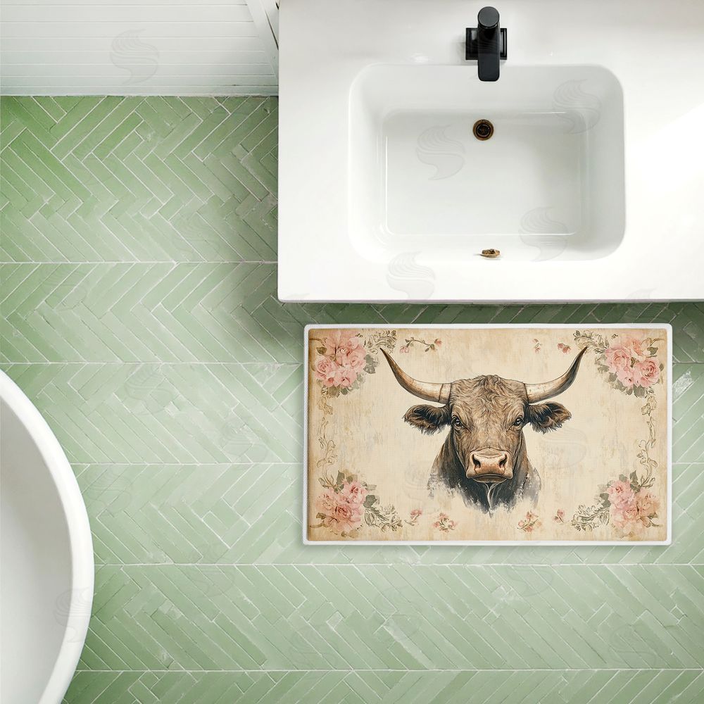 Heidi Kuntz Cattle with Floral Border Plush Bathroom Floor Mat