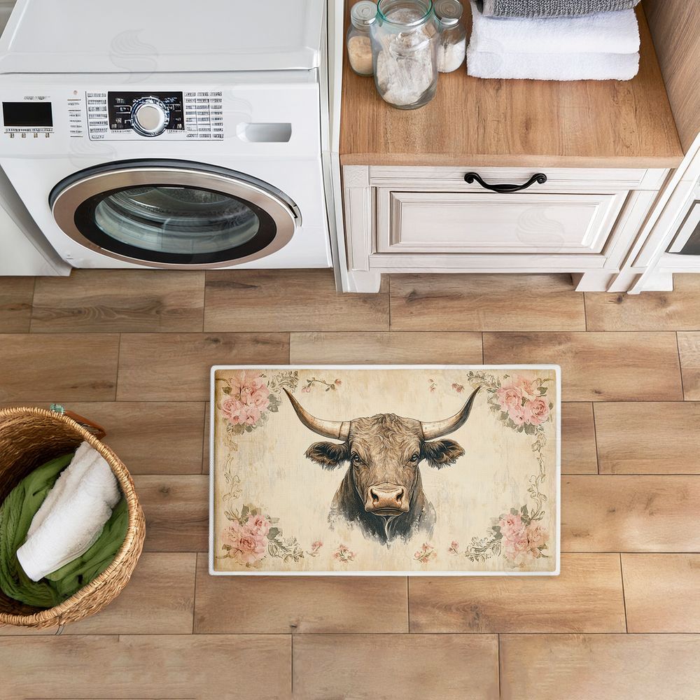 Heidi Kuntz Cattle with Floral Border Plush Bathroom Floor Mat