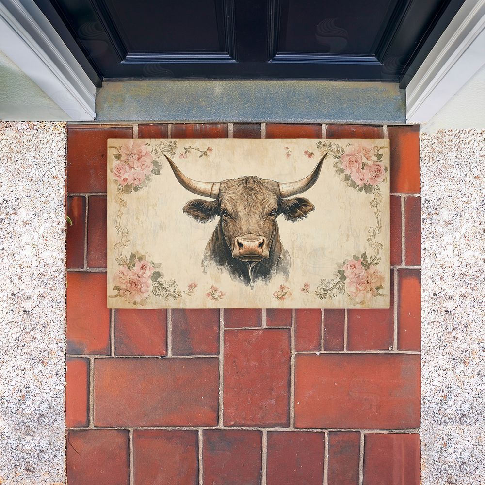 Heidi Kuntz Cattle with Floral Border Unwoven Outdoor Door Mat
