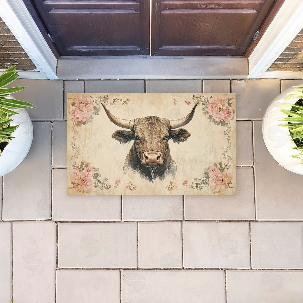 Heidi Kuntz Cattle with Floral Border Unwoven Outdoor Door Mat