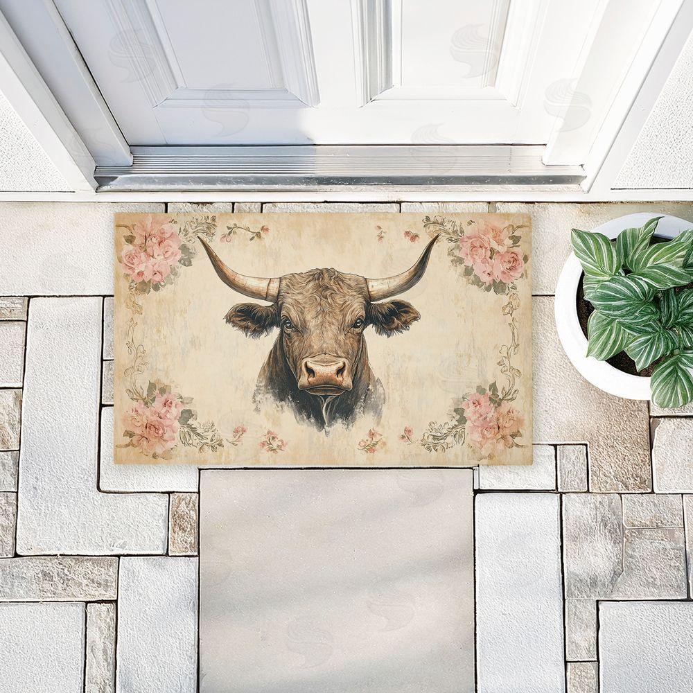 Heidi Kuntz Cattle with Floral Border Unwoven Outdoor Door Mat