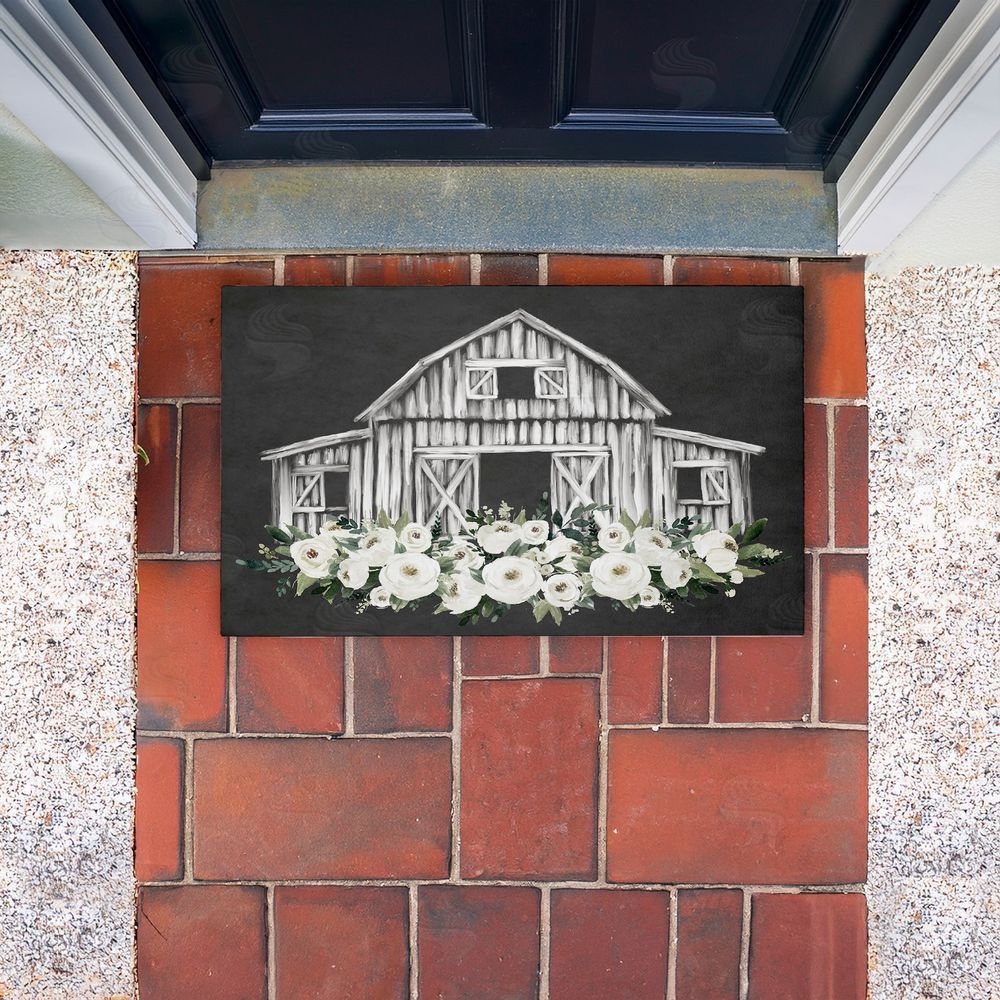 Lettered and Lined Rustic Barn with White Roses Unwoven Outdoor Door Mat