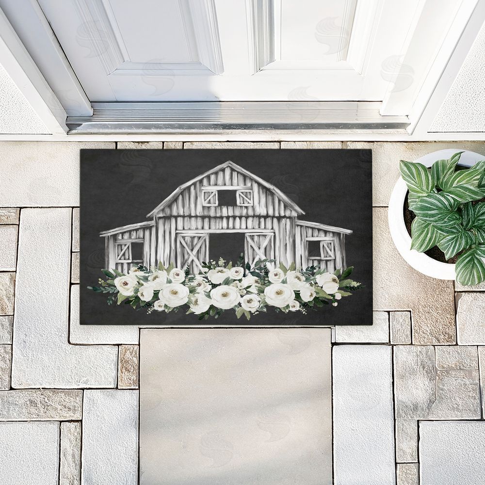 Lettered and Lined Rustic Barn with White Roses Unwoven Outdoor Door Mat