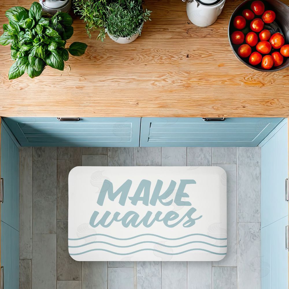 Lettered and Lined Make Waves Aqua Blue Kitchen Floor Mat