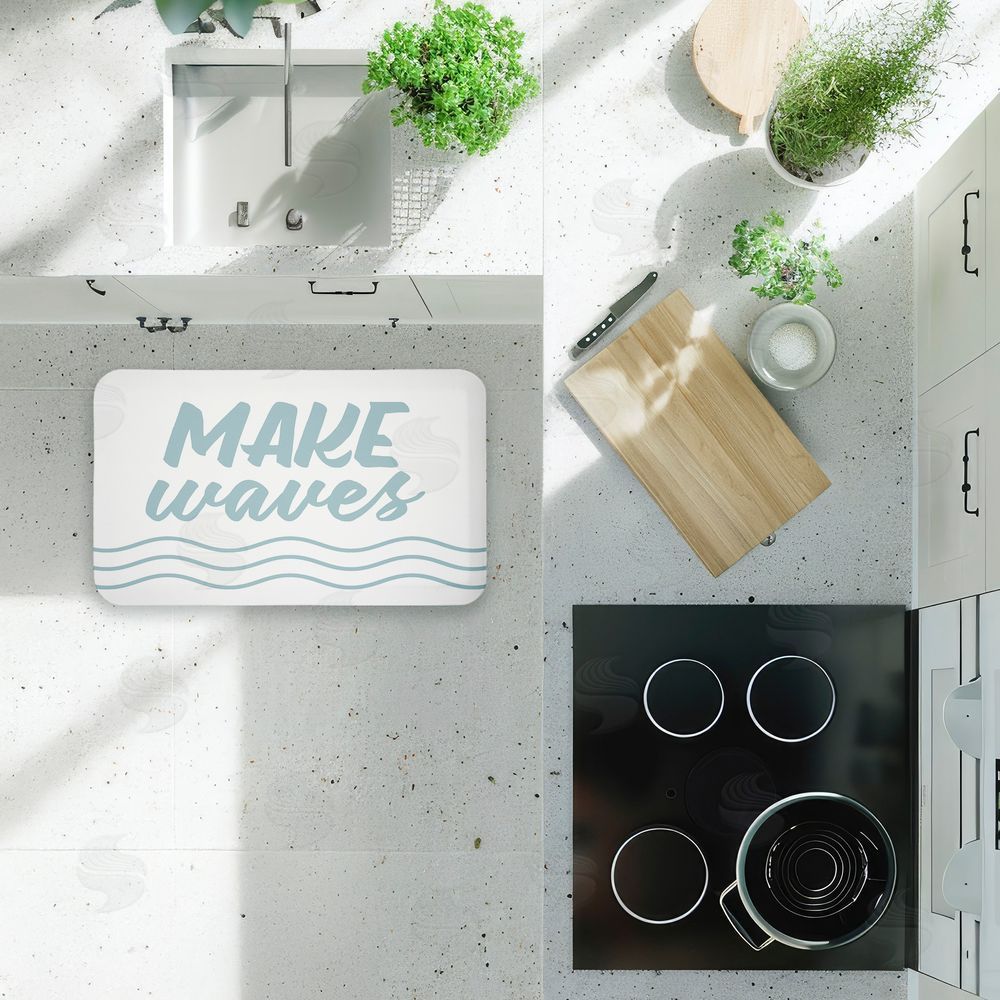 Lettered and Lined Make Waves Aqua Blue Kitchen Floor Mat