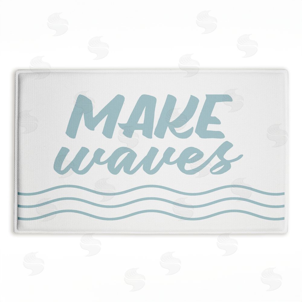 Lettered and Lined Make Waves Aqua Blue Plush Bathroom Floor Mat