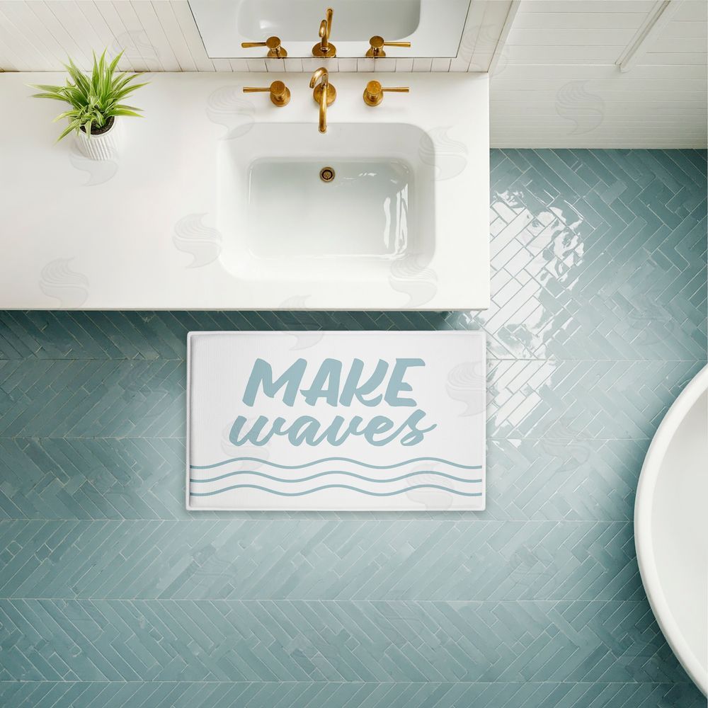 Lettered and Lined Make Waves Aqua Blue Plush Bathroom Floor Mat