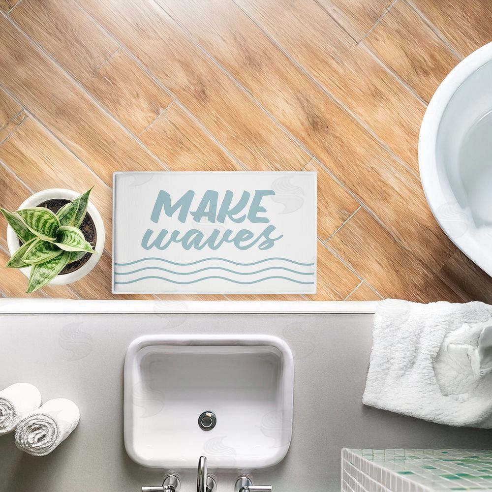 Lettered and Lined Make Waves Aqua Blue Plush Bathroom Floor Mat