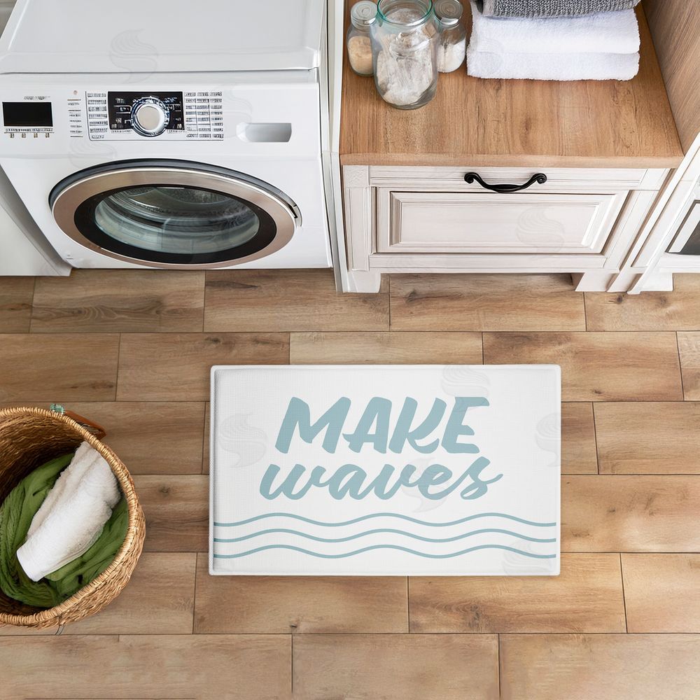 Lettered and Lined Make Waves Aqua Blue Plush Bathroom Floor Mat