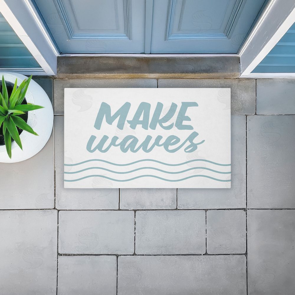 Lettered and Lined Make Waves Aqua Blue Unwoven Outdoor Door Mat