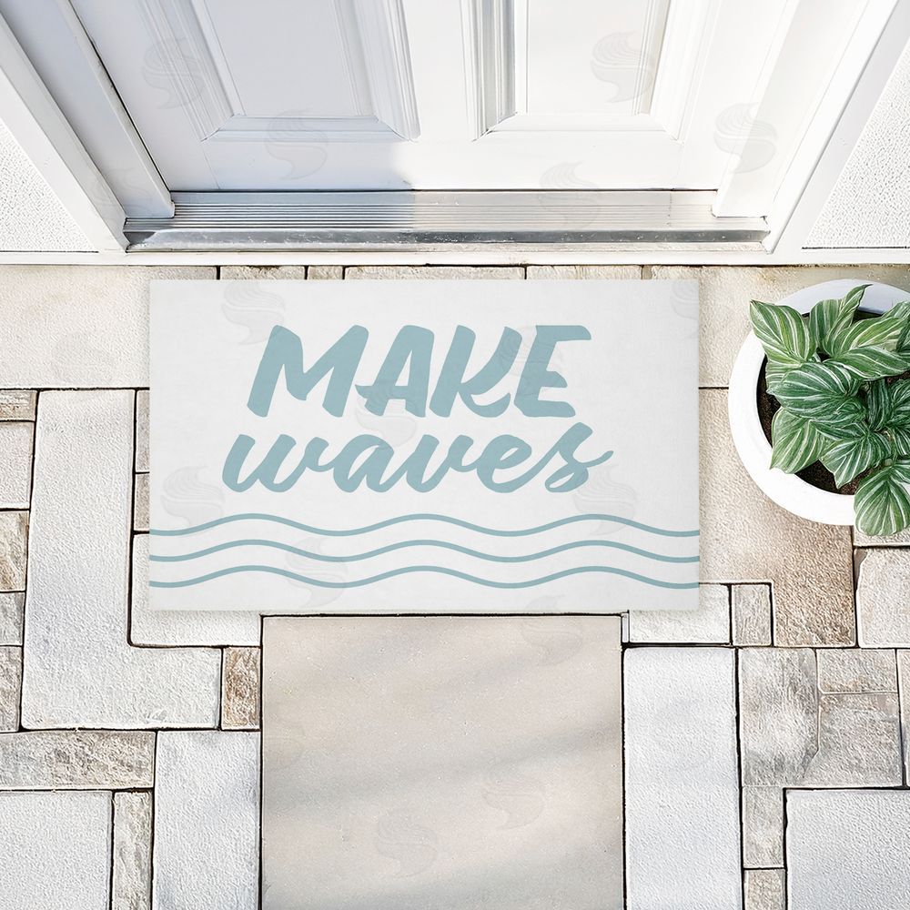 Lettered and Lined Make Waves Aqua Blue Unwoven Outdoor Door Mat