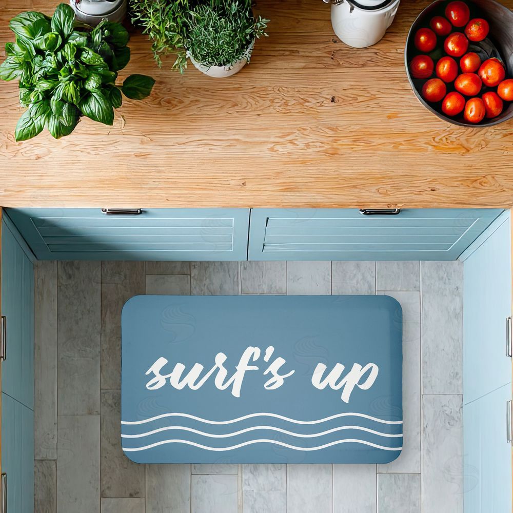 Lettered and Lined Surf's Up over Blue Kitchen Floor Mat