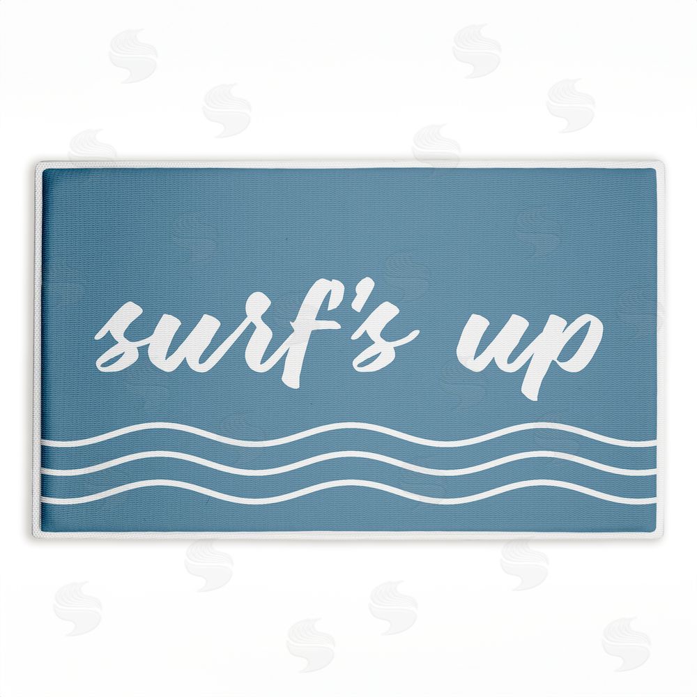 Lettered and Lined Surf's Up over Blue Plush Bathroom Floor Mat