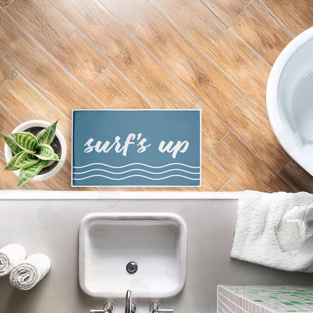 Lettered and Lined Surf's Up over Blue Plush Bathroom Floor Mat